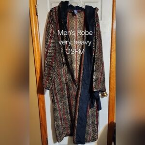 Men's Heavy Striped Robe with Shawl Collar - Black/Red/Cream